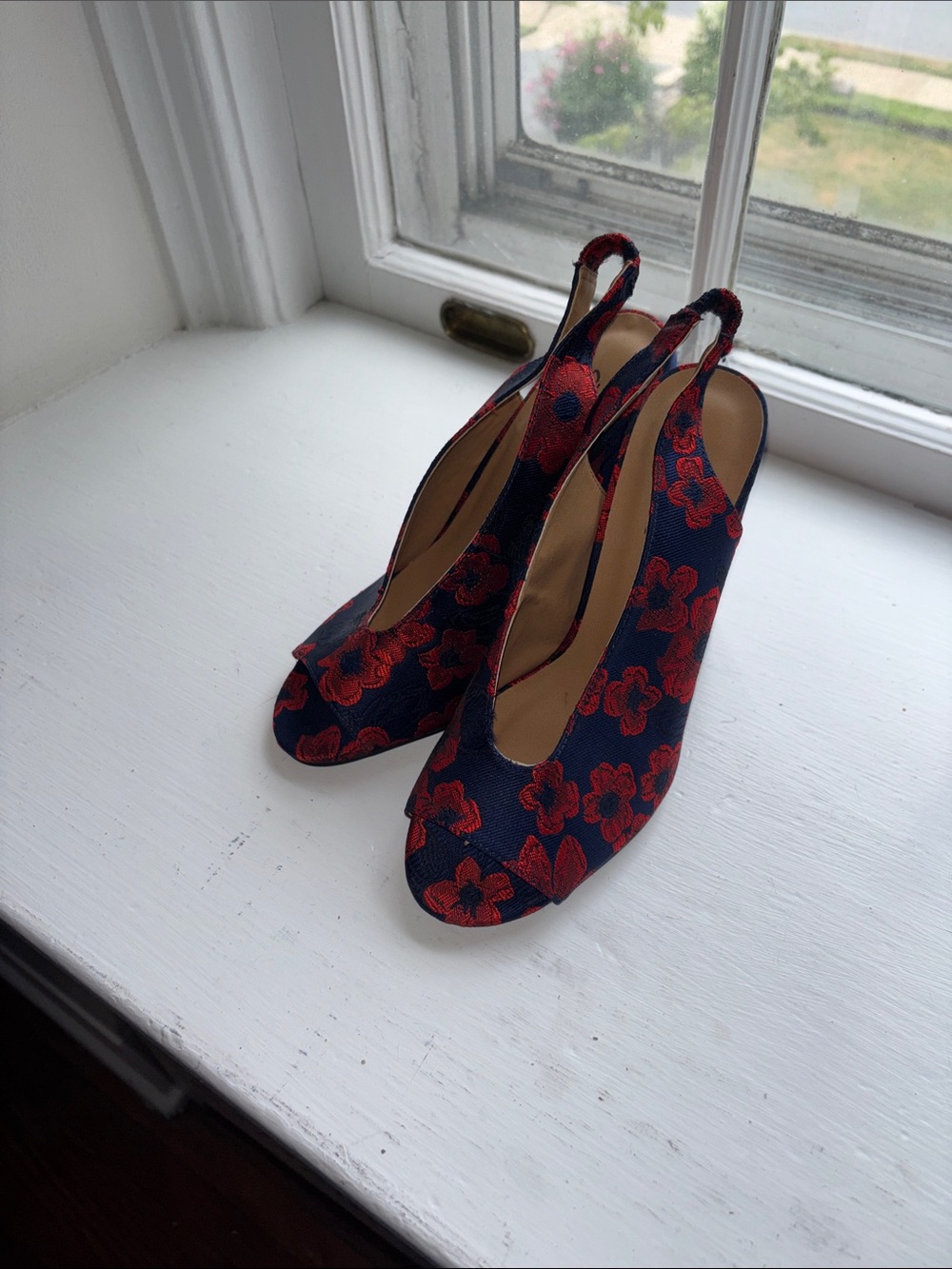 Qupid Navy Slingback Heels with Red Floral Embroidery
